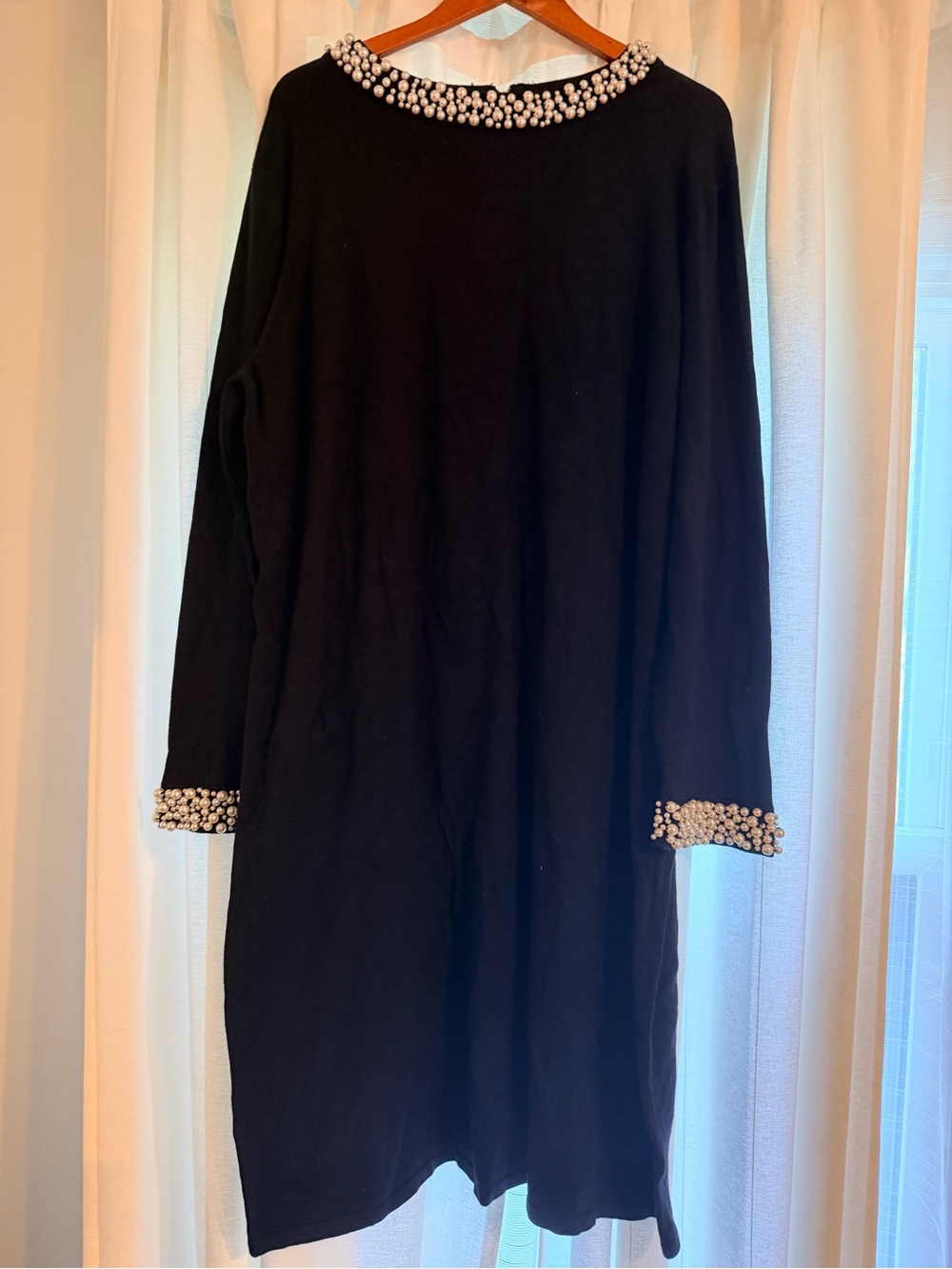 Black Pearl-Trim Long Sleeve Heavy Knit Dress by Monroe and Main - 3X